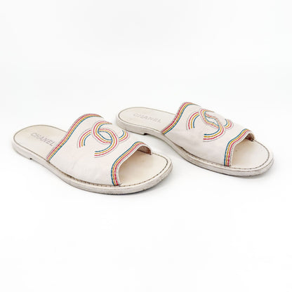 Chanel Embroidered CC Slide Sandals White Size 39