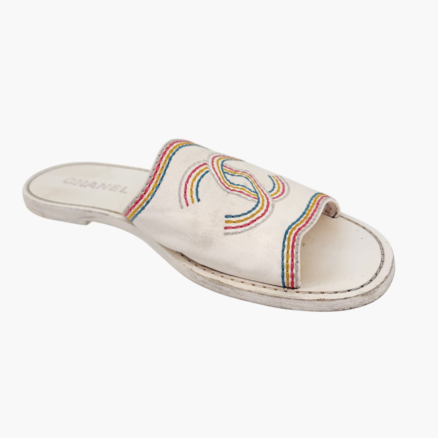 Chanel Embroidered CC Slide Sandals White Size 39