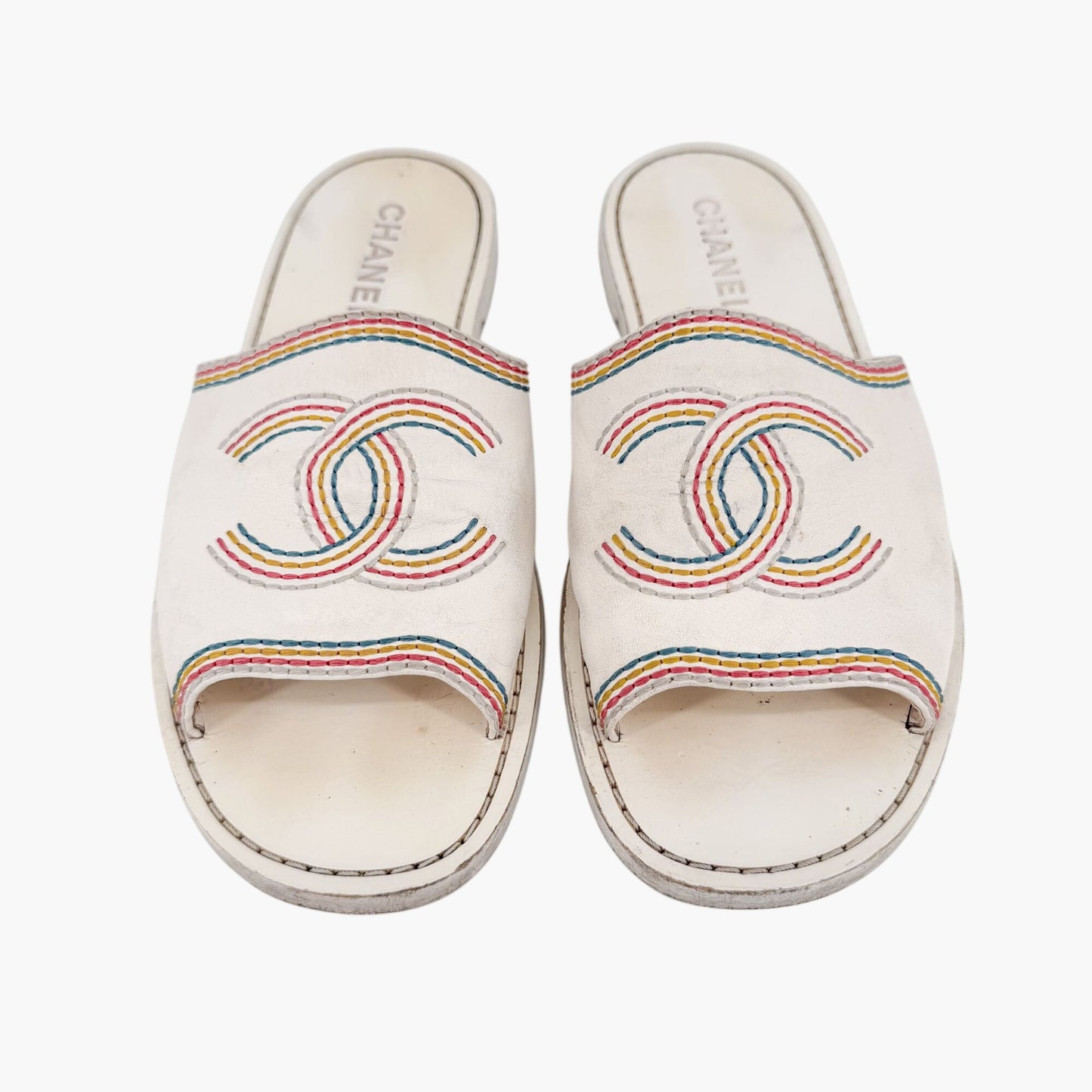 Chanel Embroidered CC Slide Sandals White Size 39