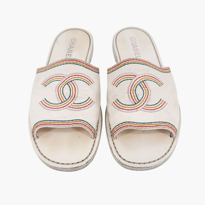 Chanel Embroidered CC Slide Sandals White Size 39