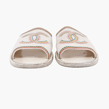 Chanel Embroidered CC Slide Sandals White Size 39