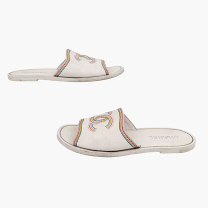 Chanel Embroidered CC Slide Sandals White Size 39
