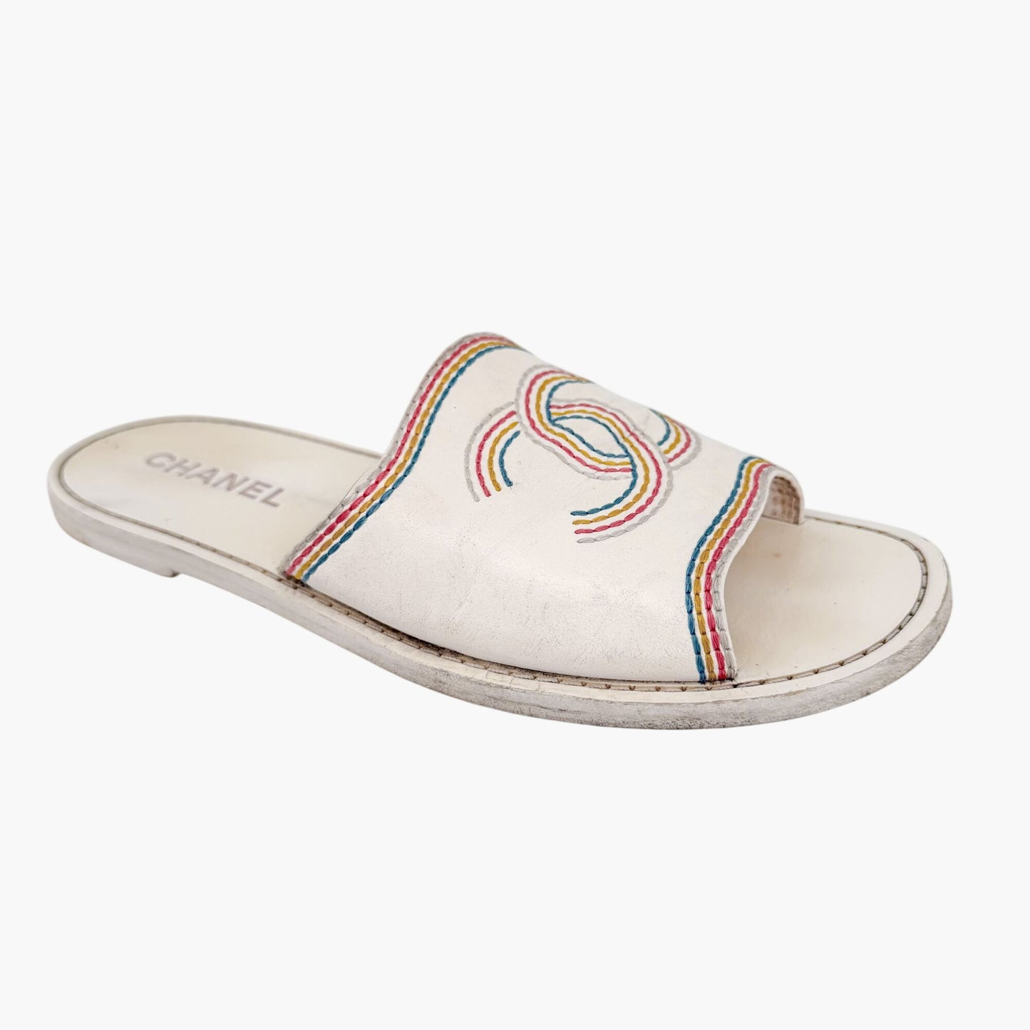 Chanel Embroidered CC Slide Sandals White Size 39