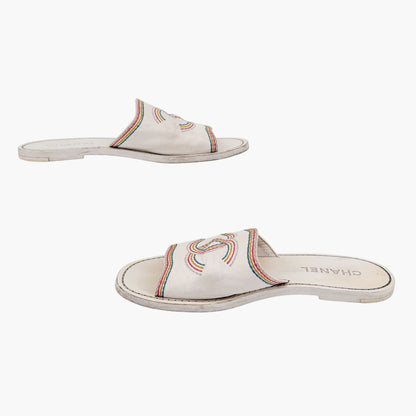 Chanel Embroidered CC Slide Sandals White Size 39