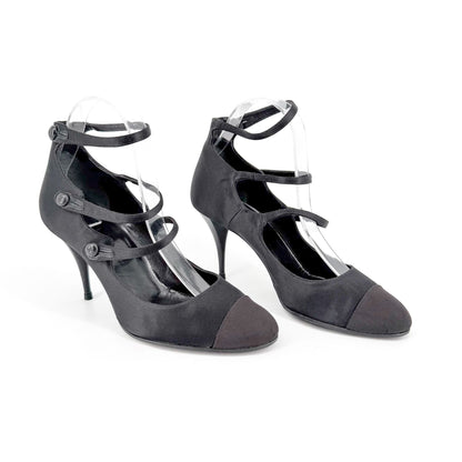 Chanel Triple Strap Mary Jane Pumps Black Size 39