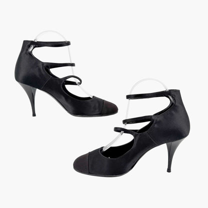 Chanel Triple Strap Mary Jane Pumps Black Size 39