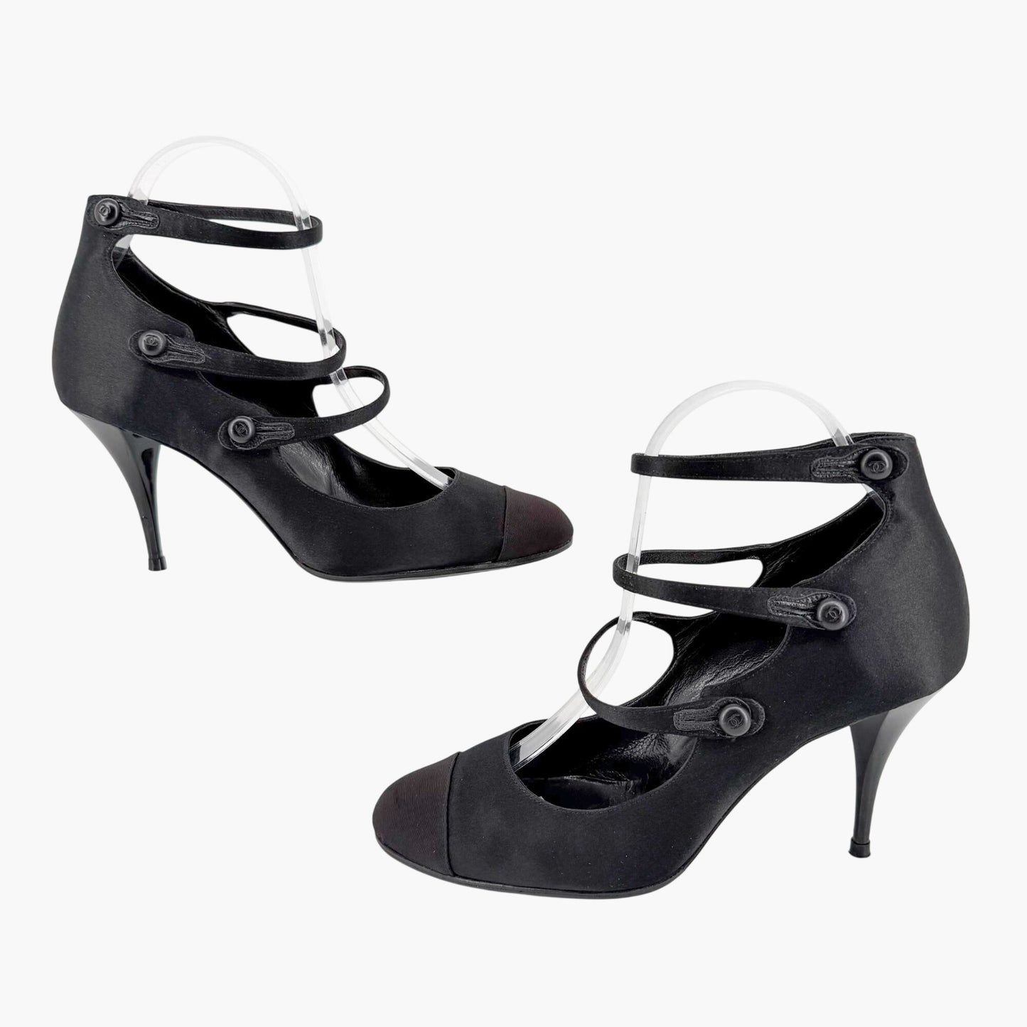 Chanel Triple Strap Mary Jane Pumps Black Size 39