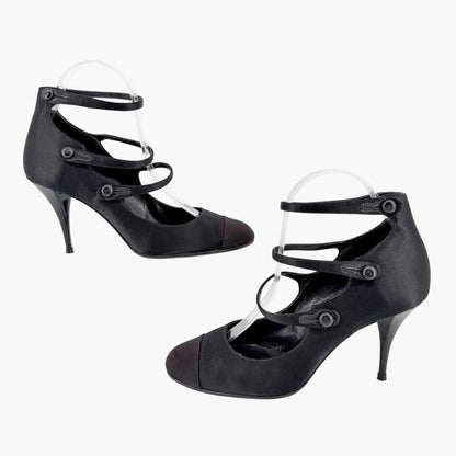 Chanel Triple Strap Mary Jane Pumps Black Size 39