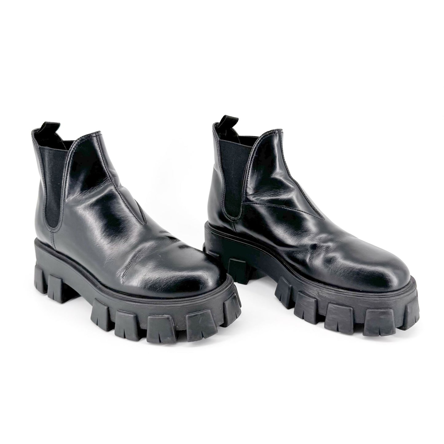 Prada Monolith Chelsea Ankle Boots in Black Leather Size 41
