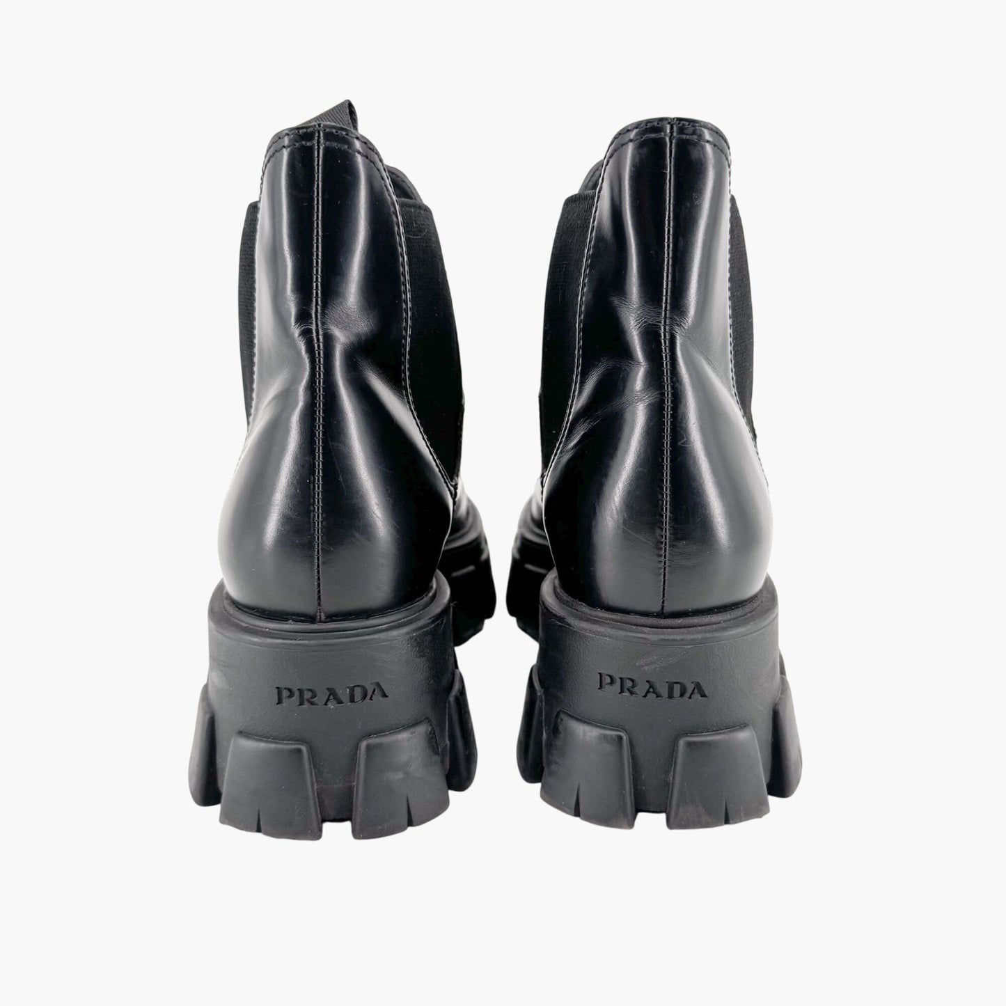 Prada Monolith Chelsea Ankle Boots in Black Leather Size 41