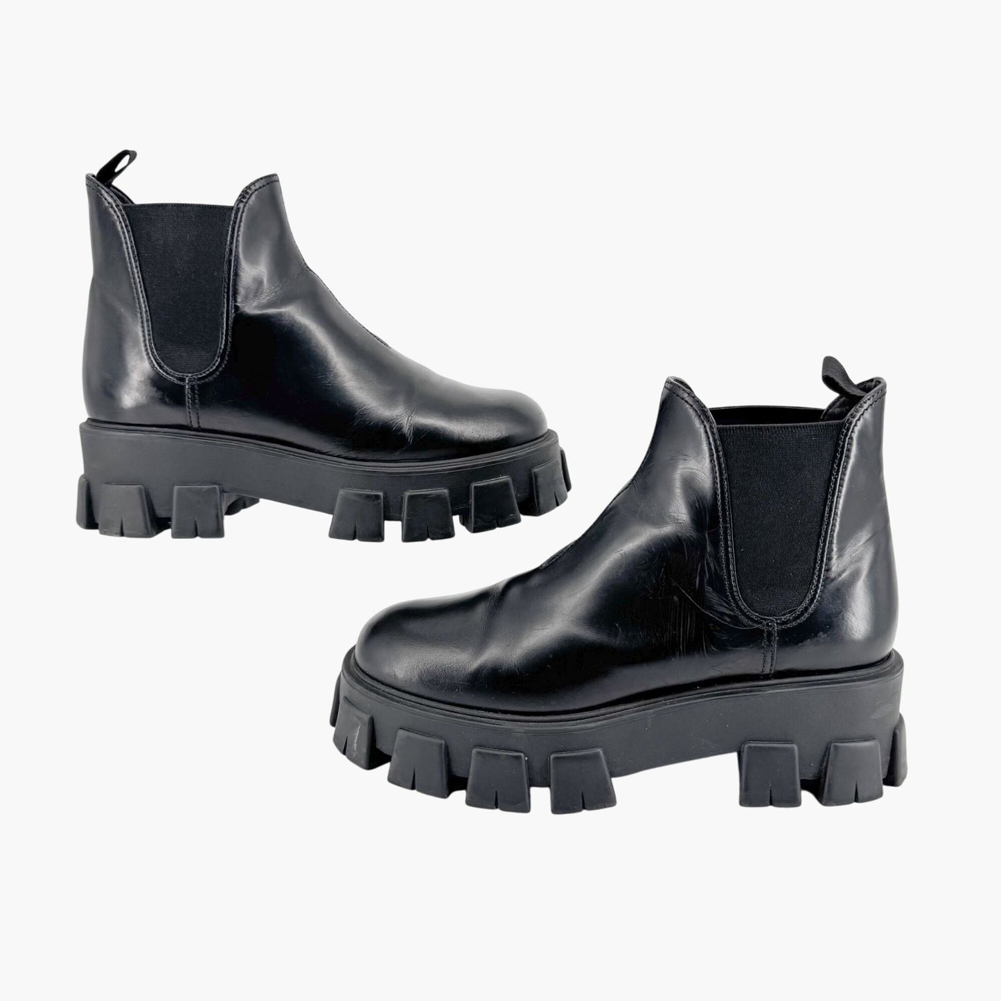 Prada Monolith Chelsea Ankle Boots in Black Leather Size 41