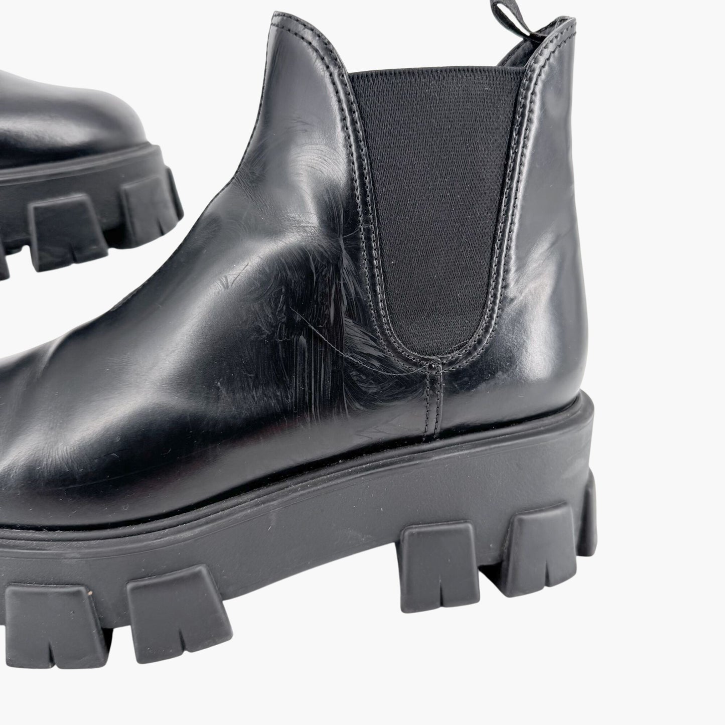 Prada Monolith Chelsea Ankle Boots in Black Leather Size 41