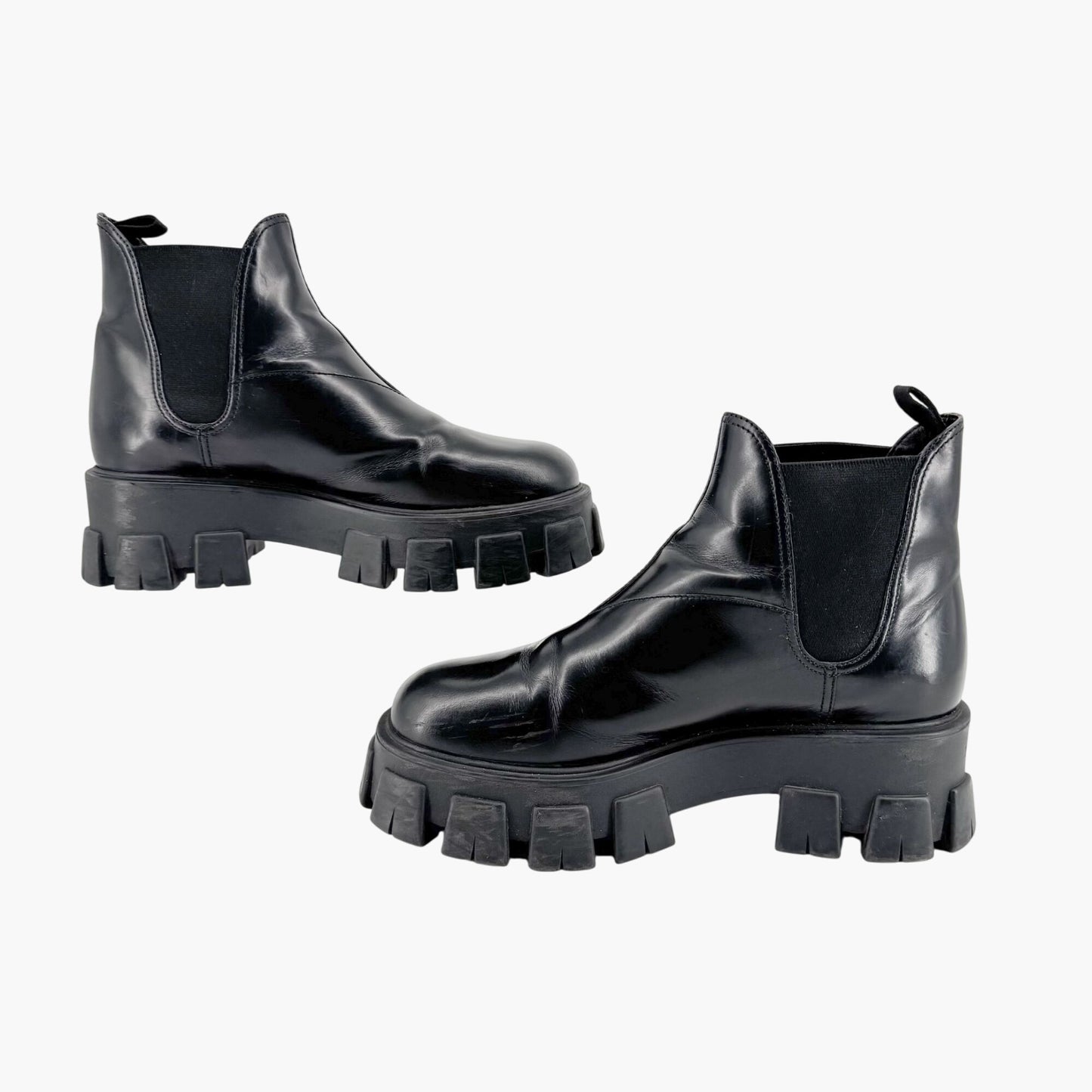Prada Monolith Chelsea Ankle Boots in Black Leather Size 41