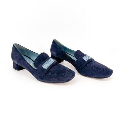 Prada Logo Loafer Pumps in Navy Blue Suede Size 37.5