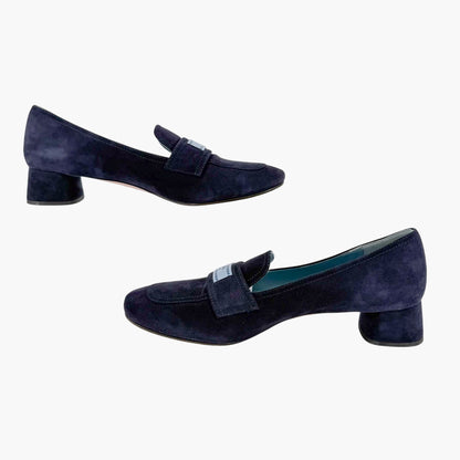 Prada Logo Loafer Pumps in Navy Blue Suede Size 37.5