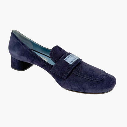 Prada Logo Loafer Pumps in Navy Blue Suede Size 37.5