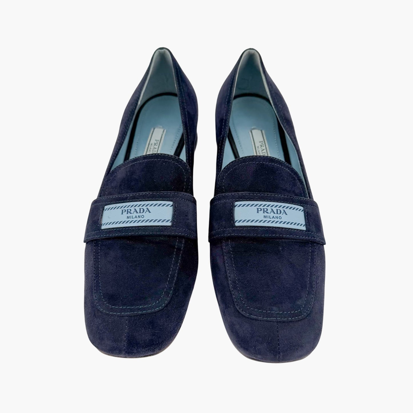 Prada Logo Loafer Pumps in Navy Blue Suede Size 37.5