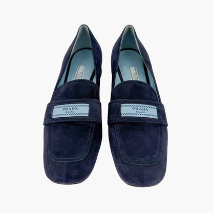 Prada Logo Loafer Pumps in Navy Blue Suede Size 37.5