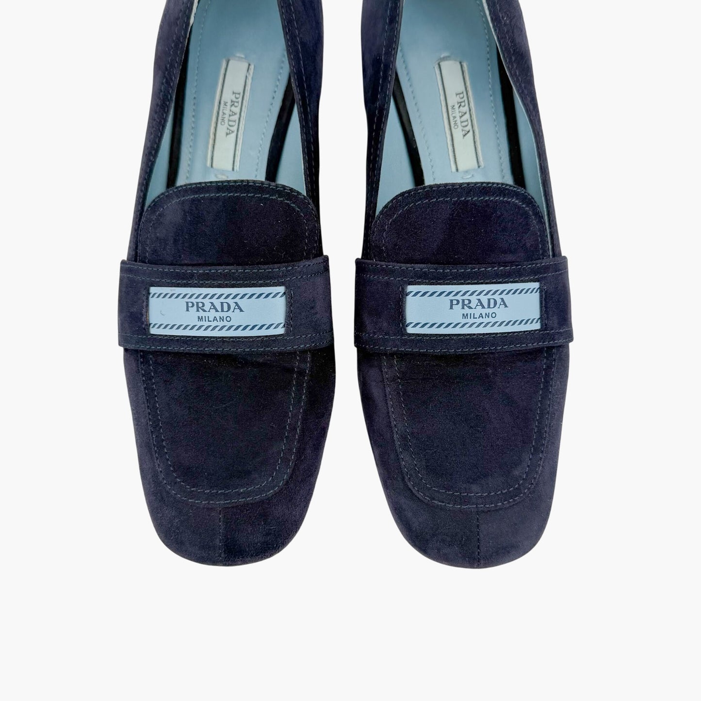 Prada Logo Loafer Pumps in Navy Blue Suede Size 37.5