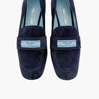 Prada Logo Loafer Pumps in Navy Blue Suede Size 37.5