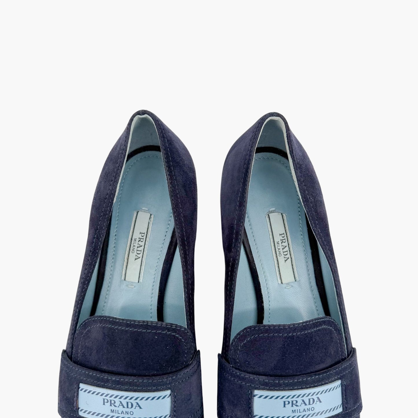 Prada Logo Loafer Pumps in Navy Blue Suede Size 37.5