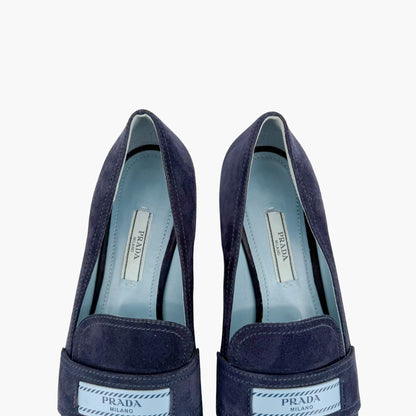 Prada Logo Loafer Pumps in Navy Blue Suede Size 37.5