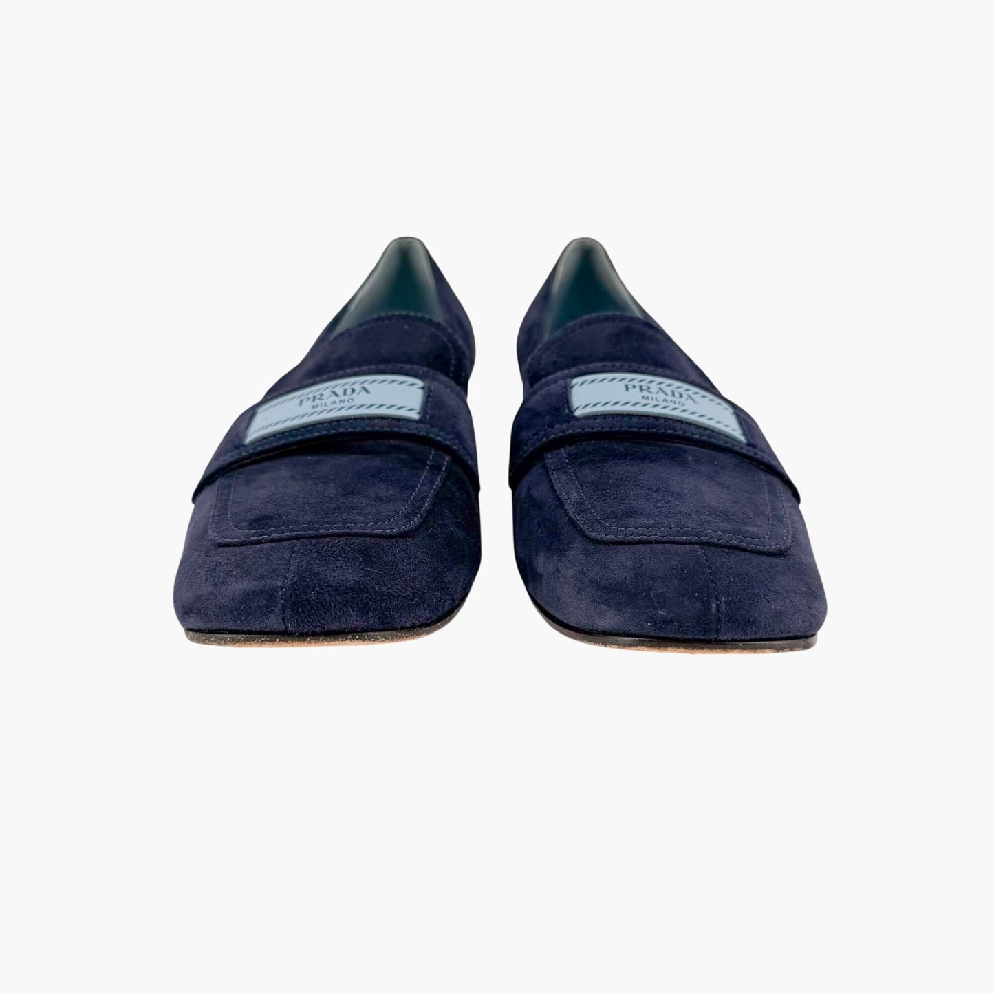 Prada Logo Loafer Pumps in Navy Blue Suede Size 37.5