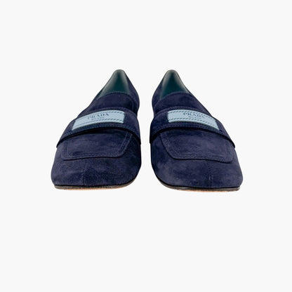 Prada Logo Loafer Pumps in Navy Blue Suede Size 37.5