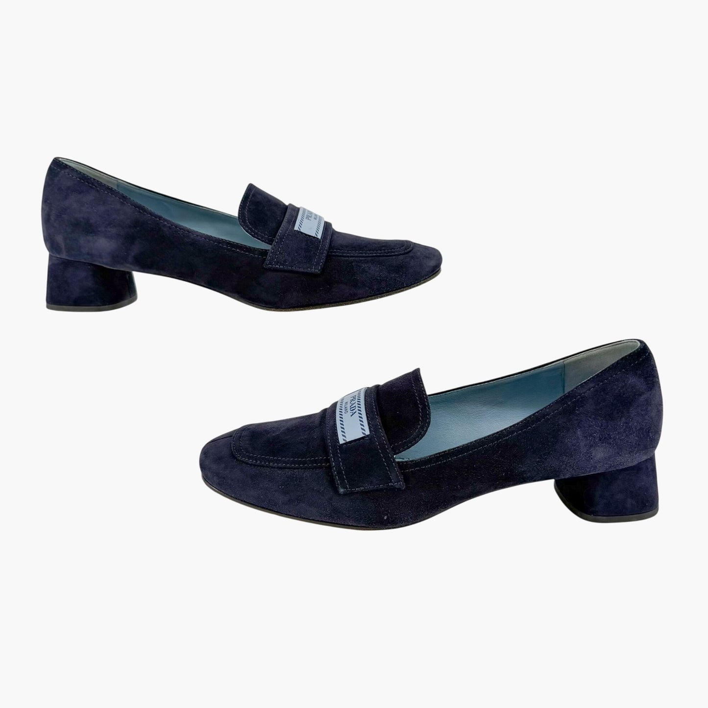 Prada Logo Loafer Pumps in Navy Blue Suede Size 37.5