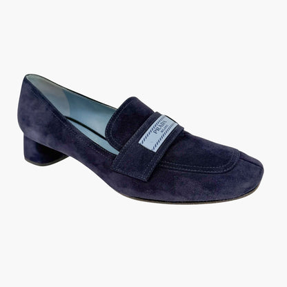 Prada Logo Loafer Pumps in Navy Blue Suede Size 37.5
