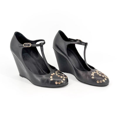 Chanel Black CC Studded T-Strap Wedge Heels Size 38