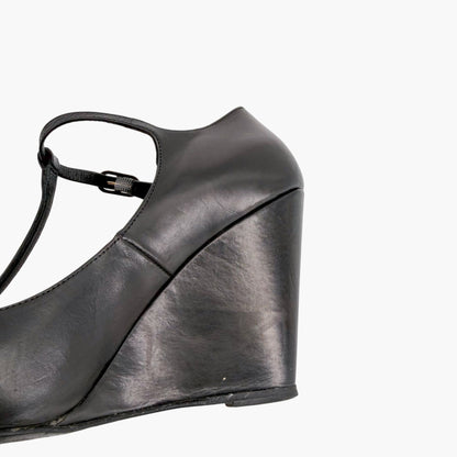 Chanel Black CC Studded T-Strap Wedge Heels Size 38