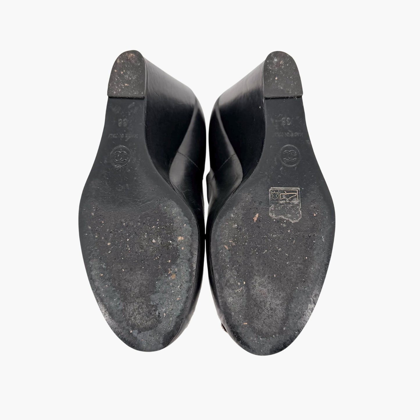 Chanel Black CC Studded T-Strap Wedge Heels Size 38