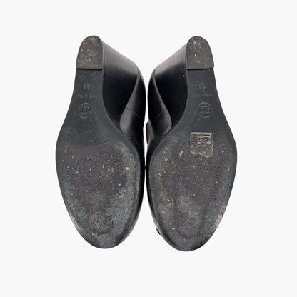 Chanel Black CC Studded T-Strap Wedge Heels Size 38