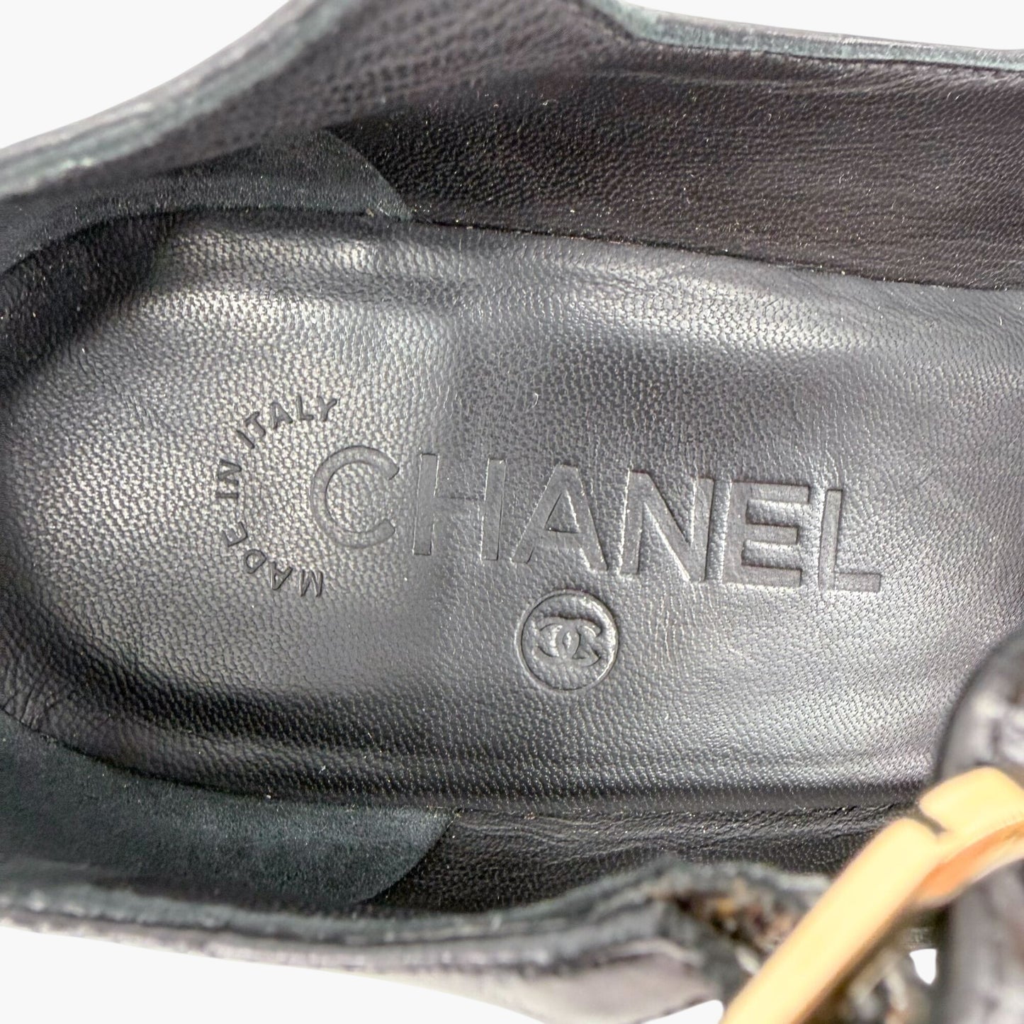 Chanel Black CC Studded T-Strap Wedge Heels Size 38