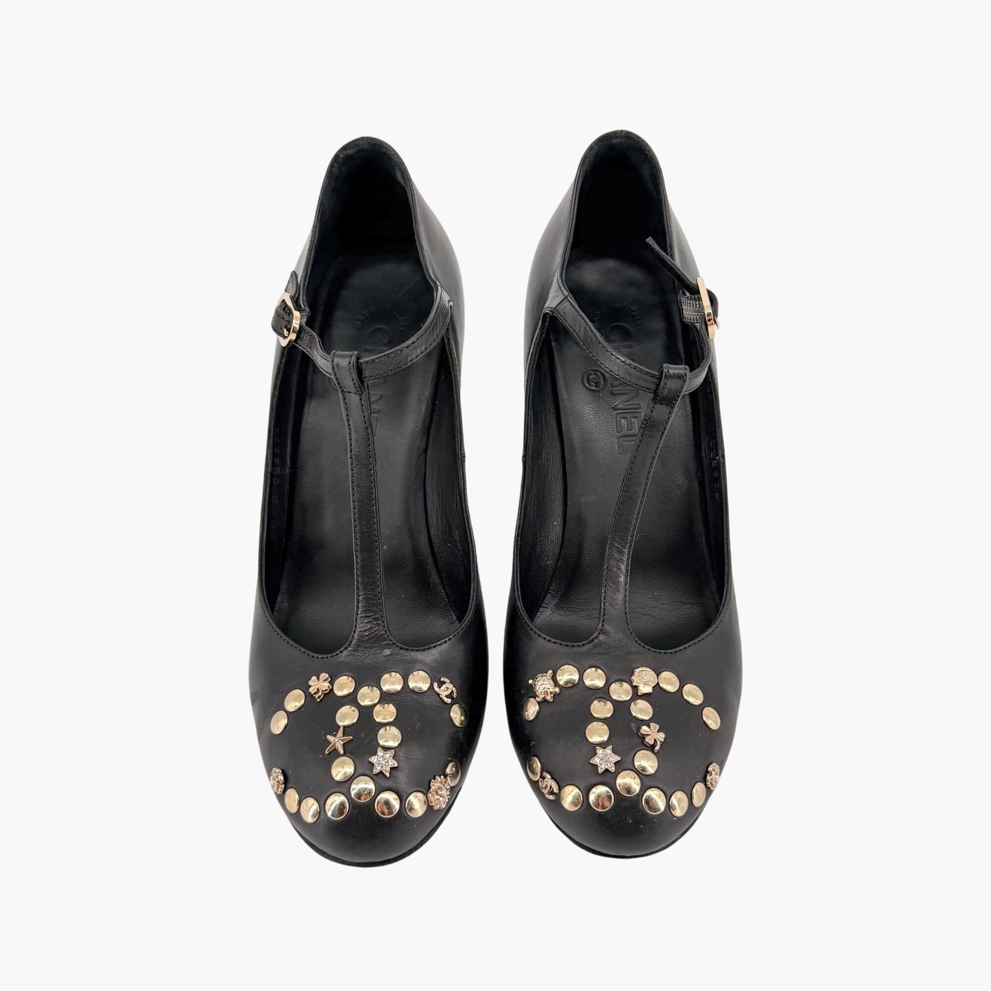 Chanel Black CC Studded T-Strap Wedge Heels Size 38