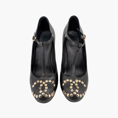 Chanel Black CC Studded T-Strap Wedge Heels Size 38