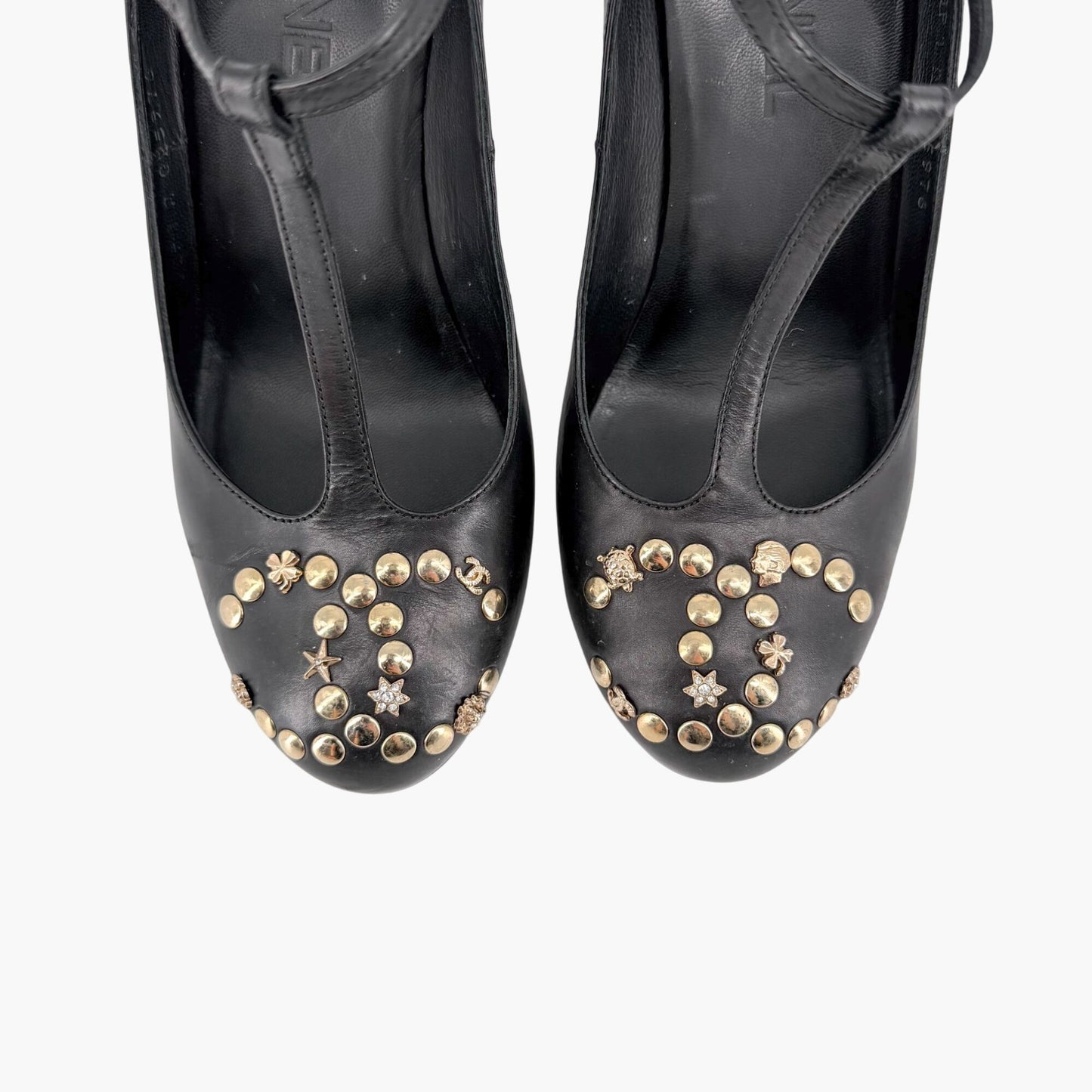 Chanel Black CC Studded T-Strap Wedge Heels Size 38