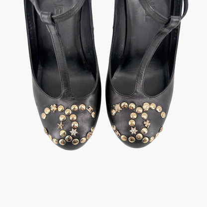 Chanel Black CC Studded T-Strap Wedge Heels Size 38