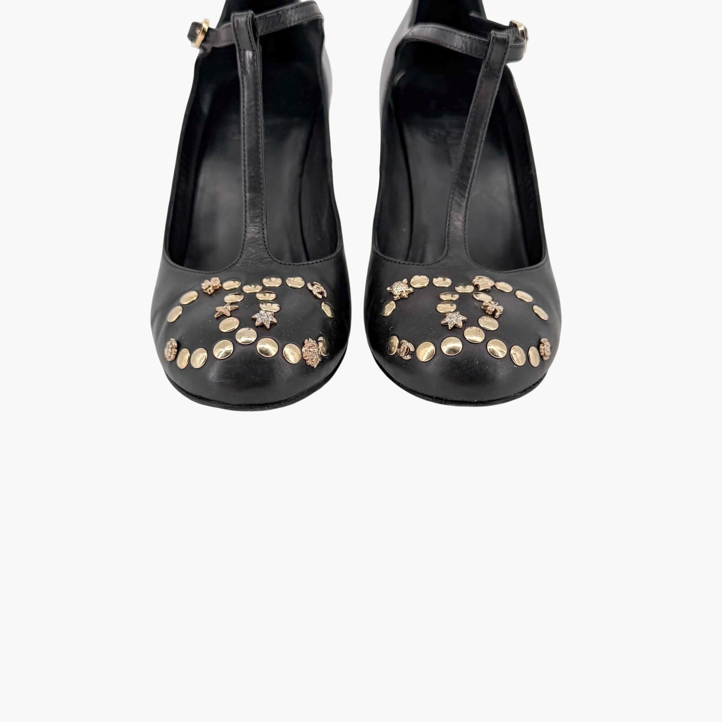 Chanel Black CC Studded T-Strap Wedge Heels Size 38