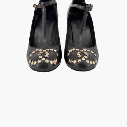 Chanel Black CC Studded T-Strap Wedge Heels Size 38
