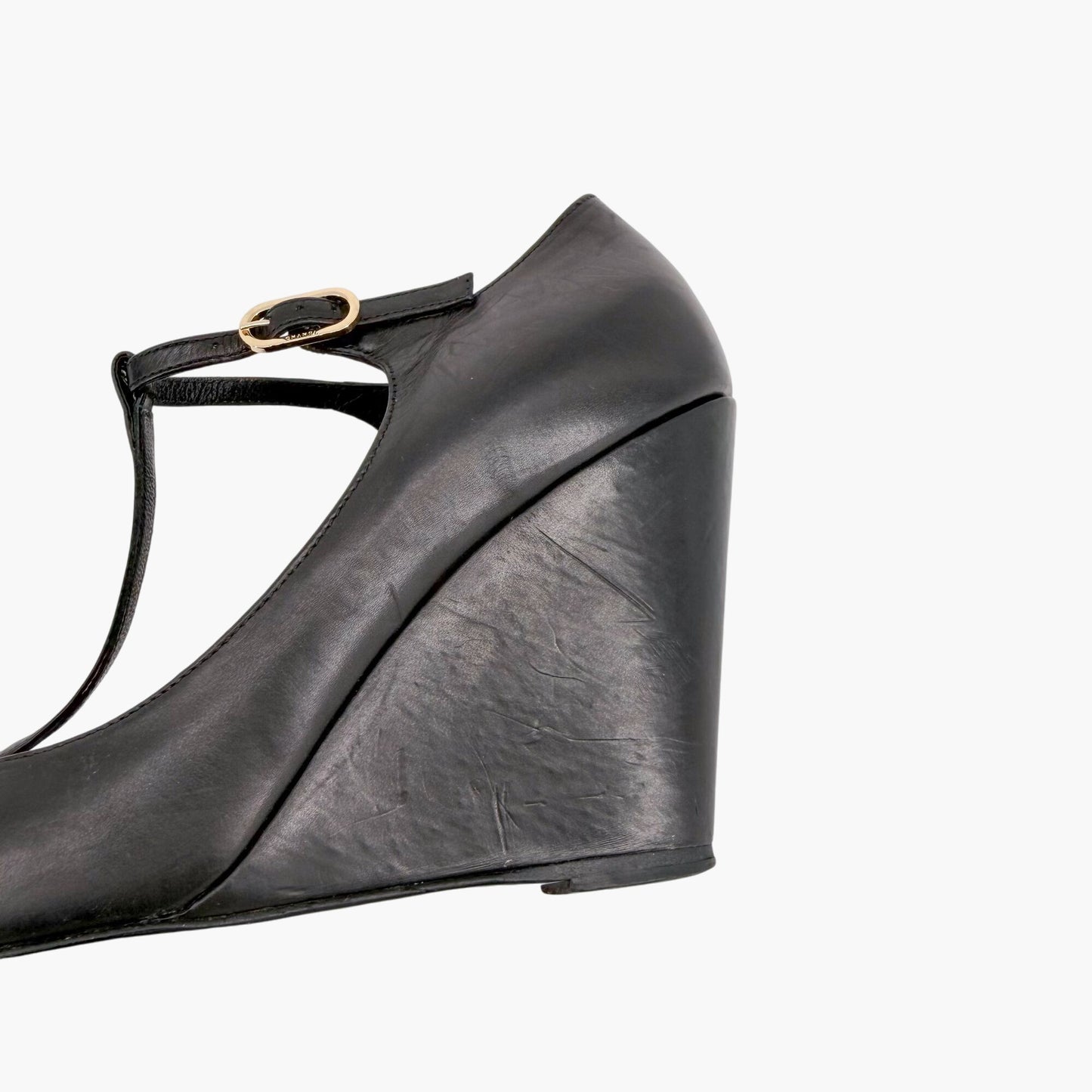 Chanel Black CC Studded T-Strap Wedge Heels Size 38