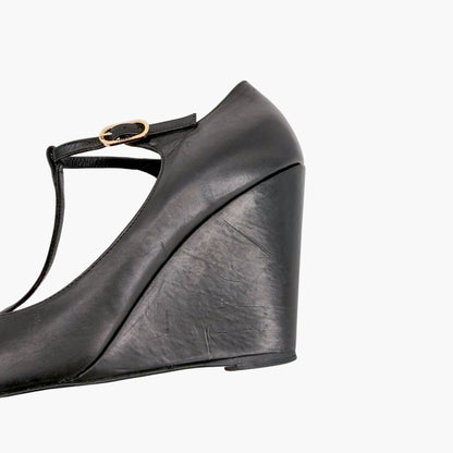 Chanel Black CC Studded T-Strap Wedge Heels Size 38