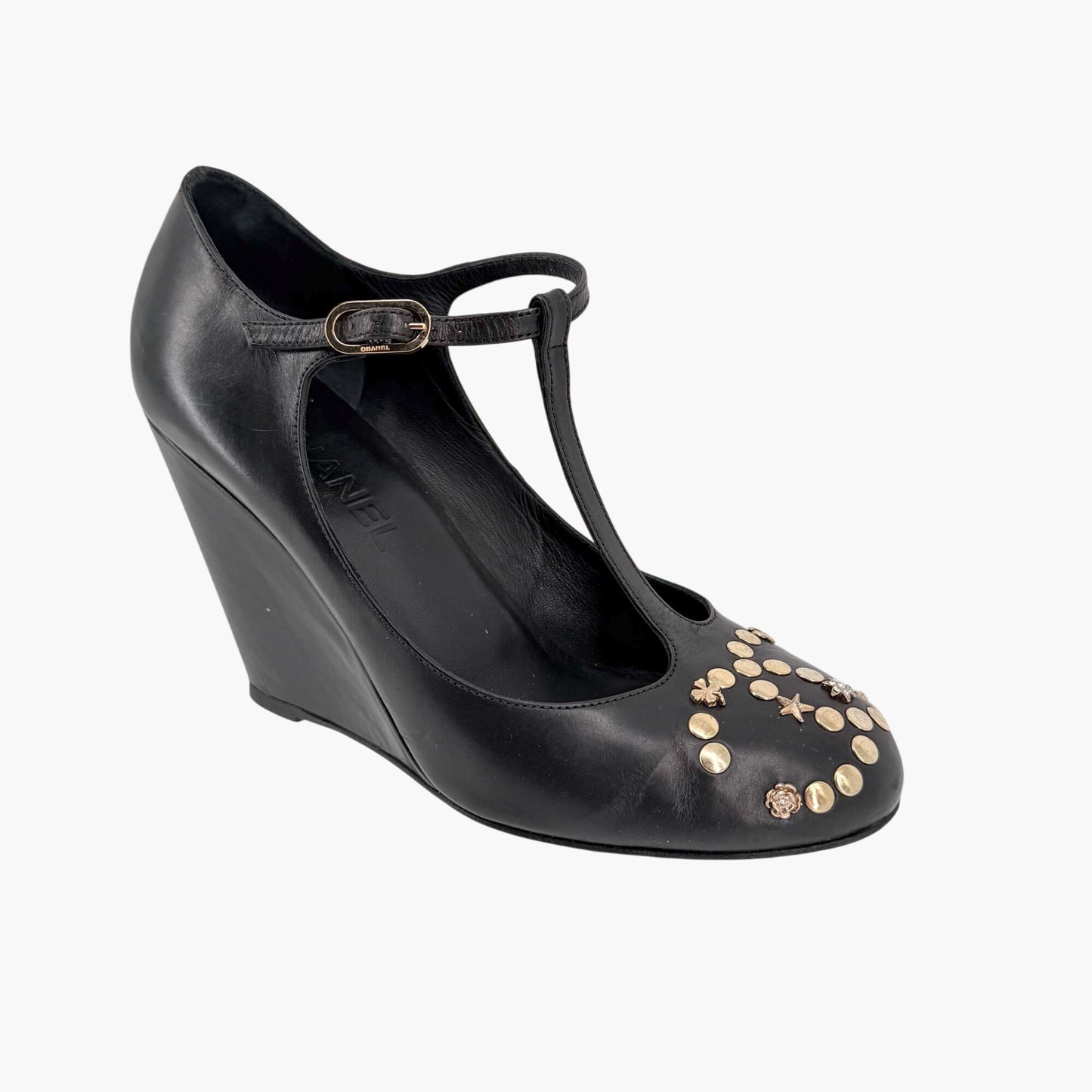 Chanel Black CC Studded T-Strap Wedge Heels Size 38