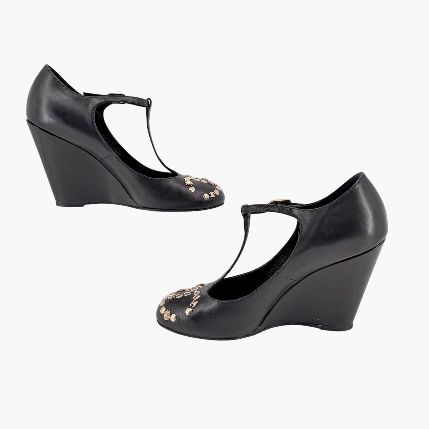 Chanel Black CC Studded T-Strap Wedge Heels Size 38