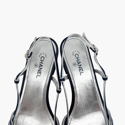 Chanel Strappy CC Block Heel Slingback Sandals in Navy Suede – Size 37