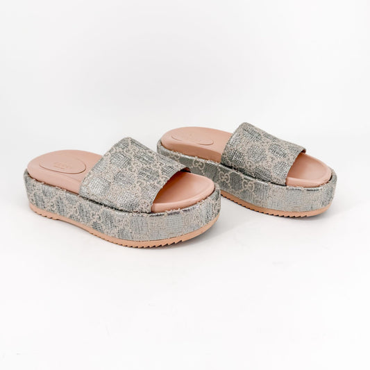 Gucci Angelina Platform Slide Sandals Silver GG Size 37