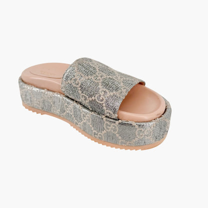 Gucci Angelina Platform Slide Sandals Silver GG Size 37