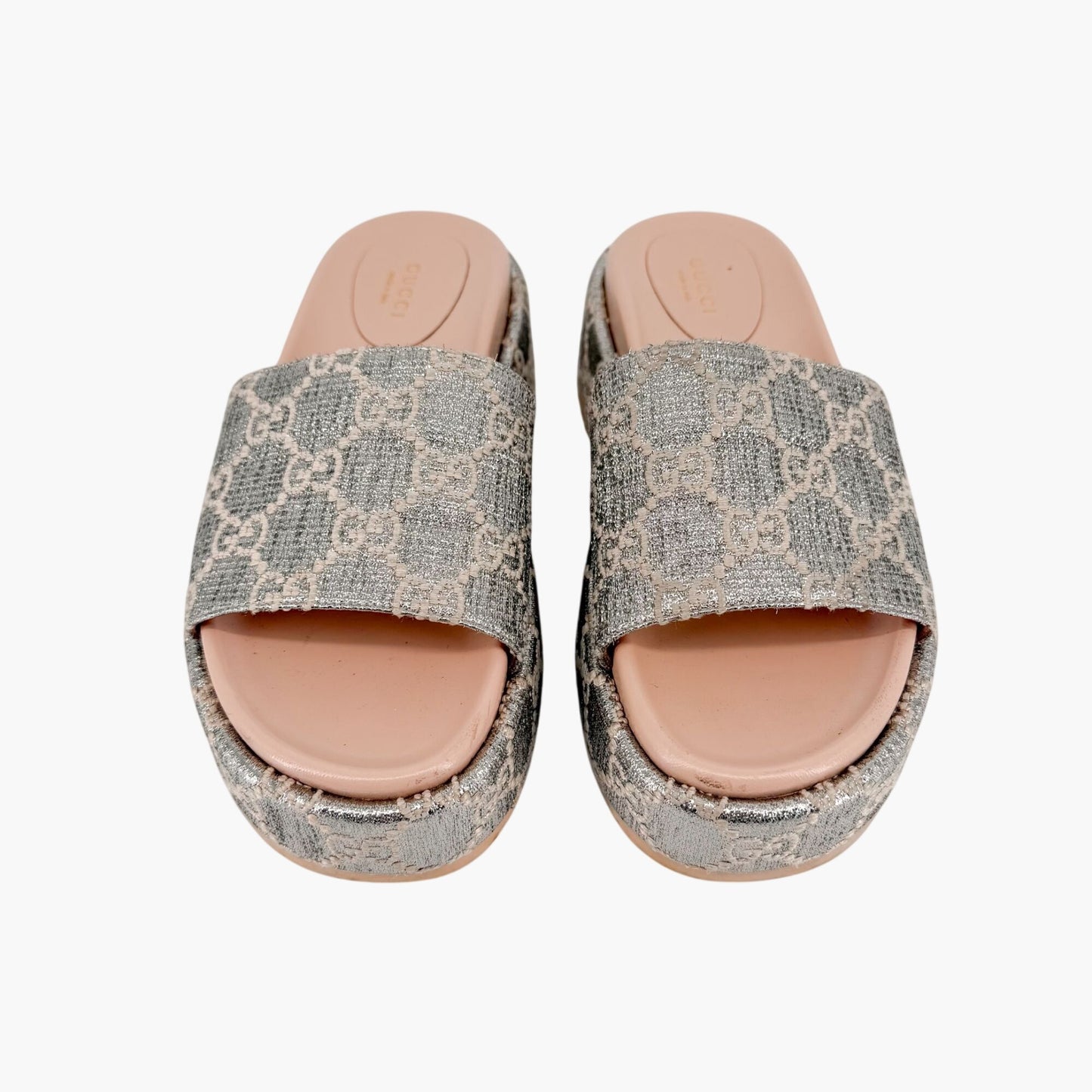 Gucci Angelina Platform Slide Sandals Silver GG Size 37