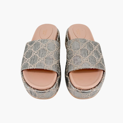 Gucci Angelina Platform Slide Sandals Silver GG Size 37